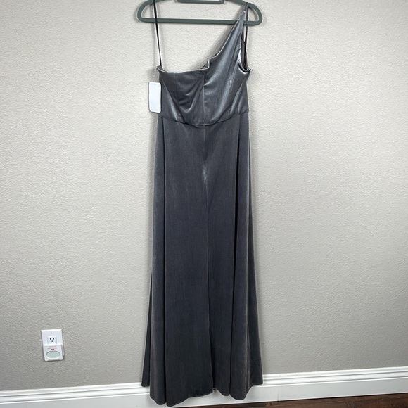 NWT After Six One Shoulder Spaghetti Strap Velvet Maxi Dress Gown Caviar Gray 8 - Picture 6 of 12